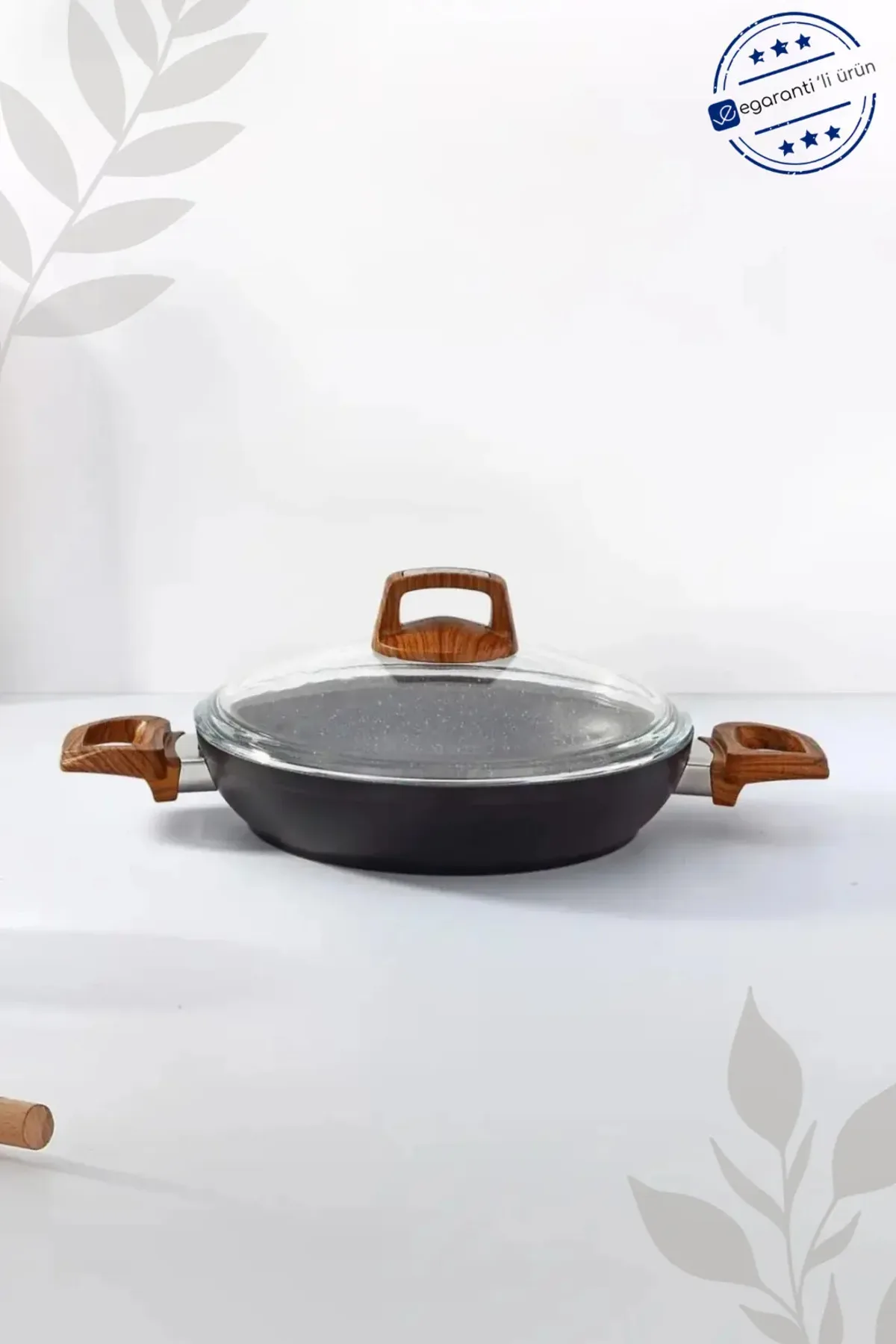 Bonera 22 Cm Ahşap Desenli Bakalit Kulplu Cam Kapaklı Vogue Granit Omlet Tava