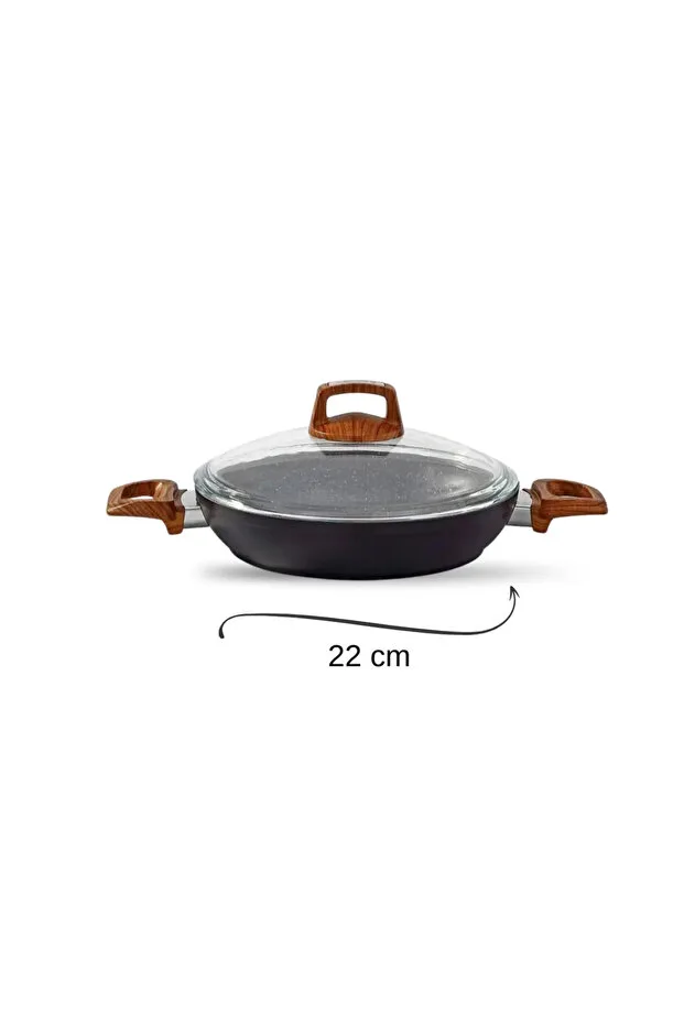 Bonera 22 Cm Ahşap Desenli Bakalit Kulplu Cam Kapaklı Vogue Granit Omlet Tava