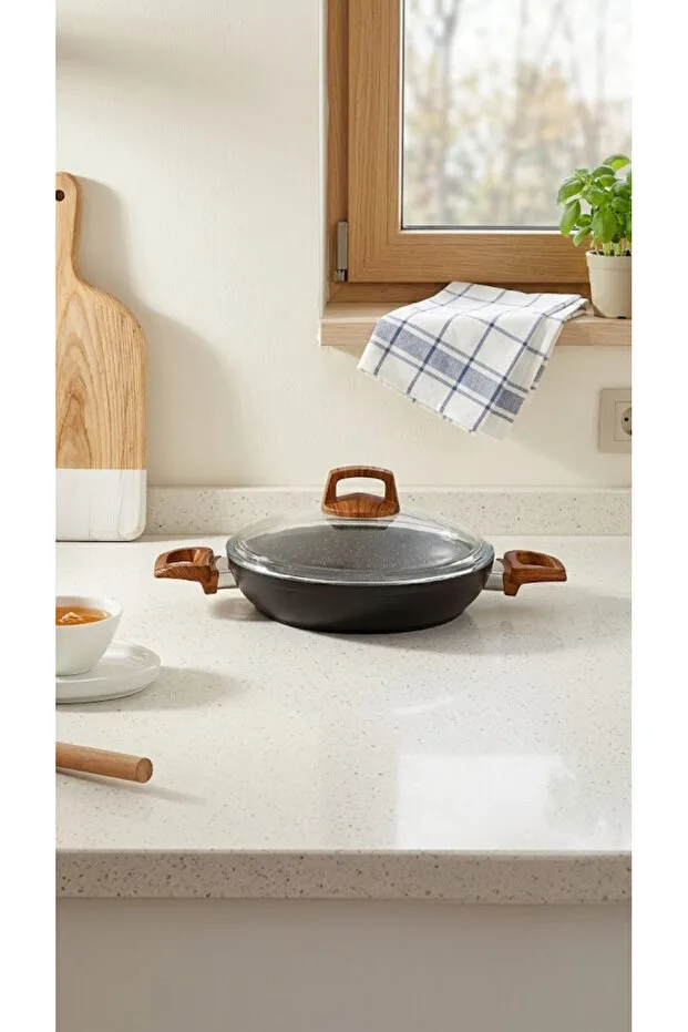 Bonera 22 Cm Ahşap Desenli Bakalit Kulplu Cam Kapaklı Vogue Granit Omlet Tava