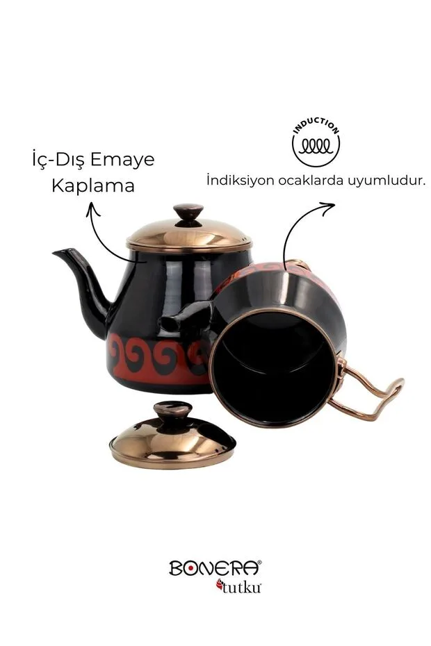 Bonera Academia Emaye Çaydanlık Dekorlu Siyah Rose Gold Kaplamalı
