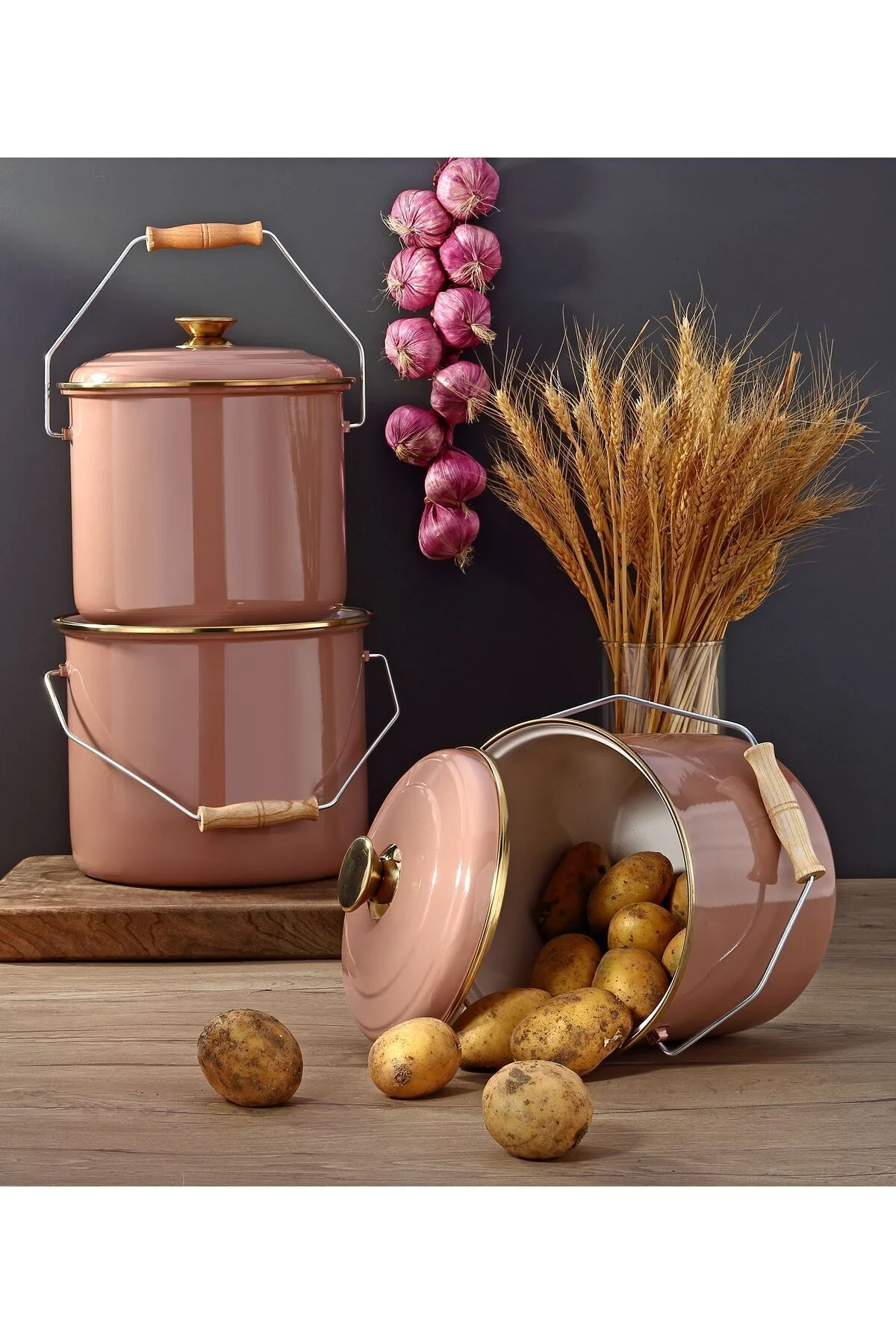 Bonera Emaye 3'lü Kahverengi Bakraç Set, 20-22-24 Cm