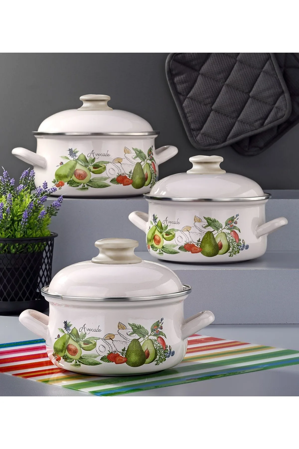 Bonera Emaye 6 Parça Krem Set Emaye Kapaklı - Avokado Dekor