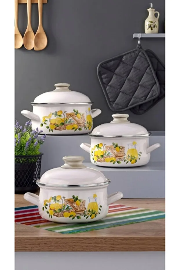 Bonera Emaye 6 Parça Krem Set Emaye Kapaklı İndüksiyon Ocak Uyumlu - Limon Dekor (18 Cm-20 Cm-22 Cm