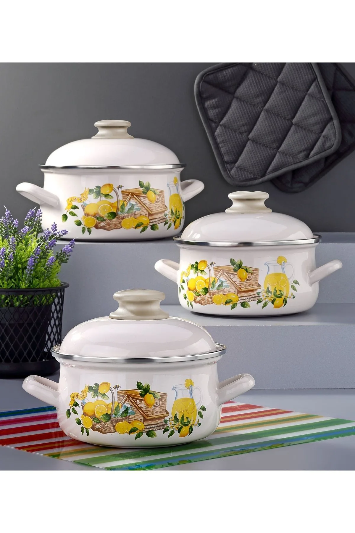 Bonera Emaye 6 Parça Krem Set Emaye Kapaklı İndüksiyon Ocak Uyumlu - Limon Dekor (18 Cm-20 Cm-22 Cm