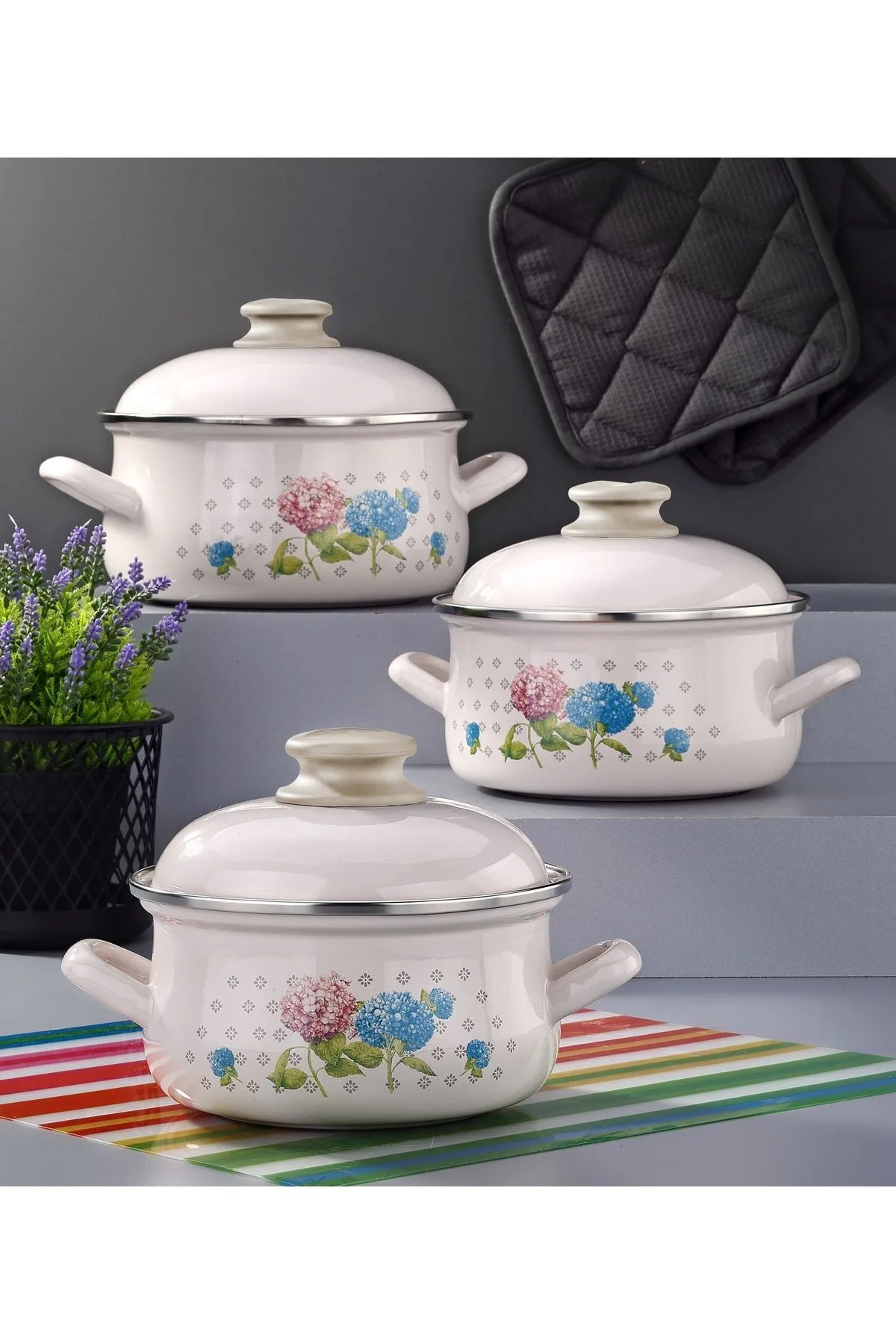 Bonera Emaye 6 Parça Krem Set Emaye Kapaklı - Ortanca Dekor