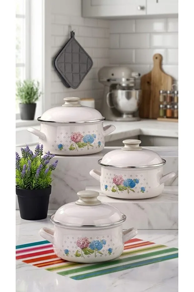 Bonera Emaye 6 Parça Krem Set Emaye Kapaklı - Ortanca Dekor