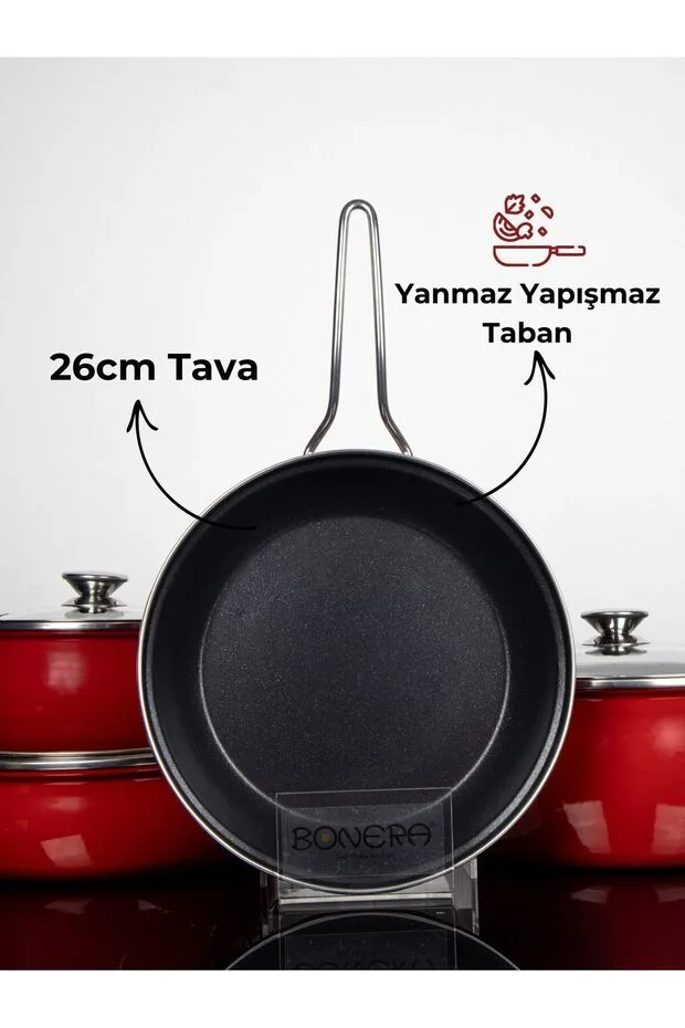 Bonera Lilium Emaye 7 Pcs Güveç Set Dışı Kırmızı / İçi Titanyum 18-24-26-26)