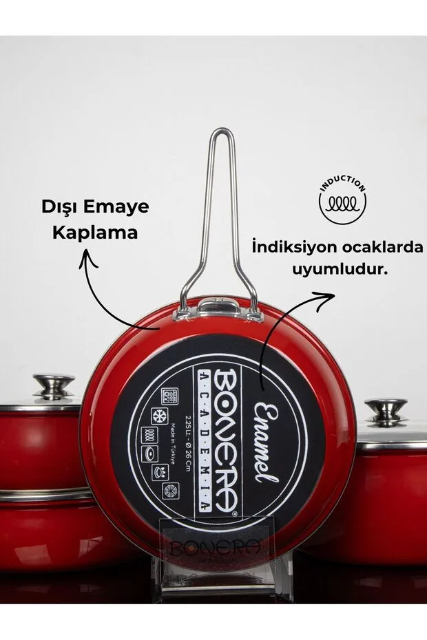 Bonera Lilium Emaye 7 Pcs Güveç Set Dışı Kırmızı / İçi Titanyum 18-24-26-26)