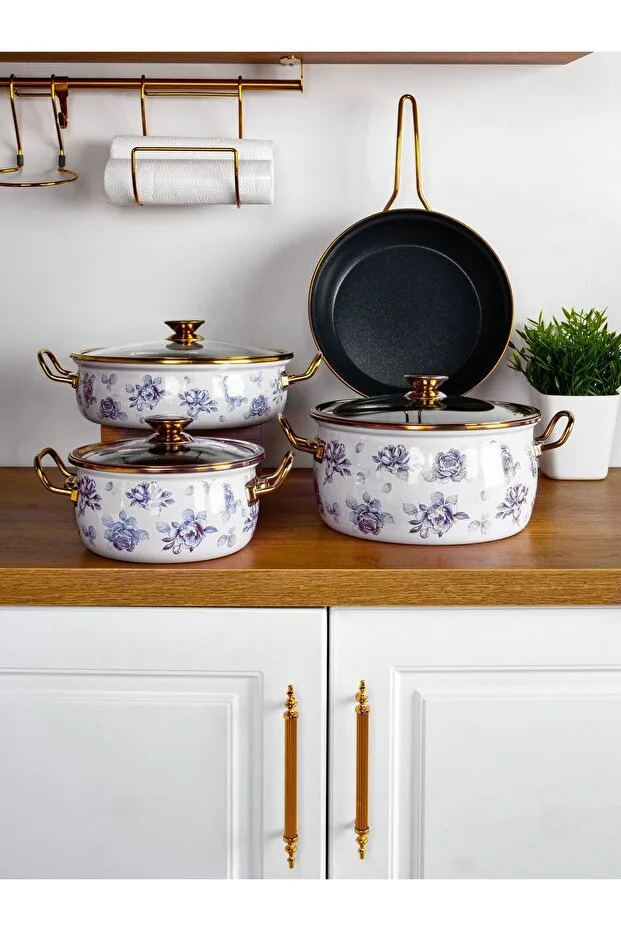 Bonera Lilium Emaye 7 Pcs Mavi Gül Desenli Güveç Set Krem