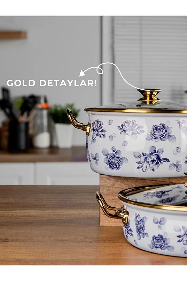 Bonera Lilium Emaye 7 Pcs Mavi Gül Desenli Güveç Set Krem