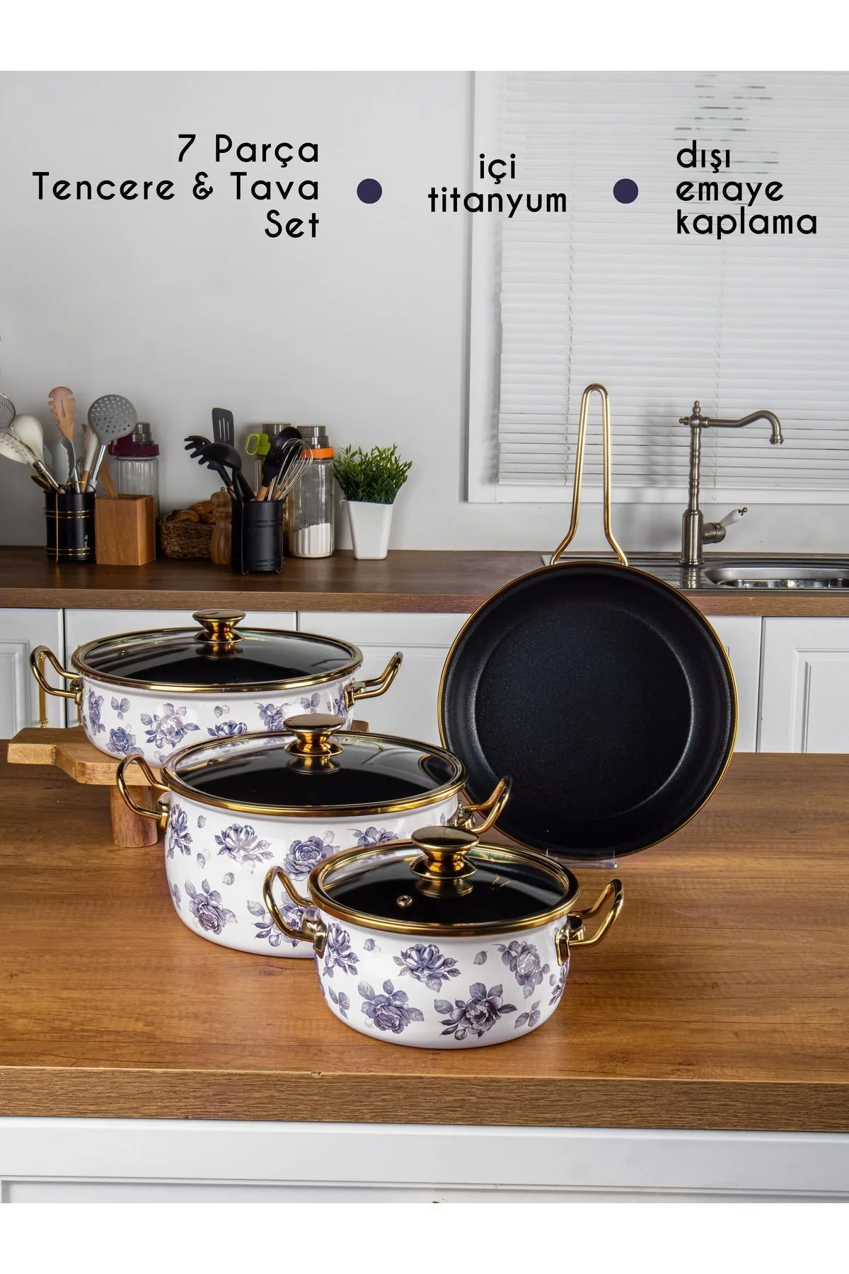 Bonera Lilium Emaye 7 Pcs Mavi Gül Desenli Güveç Set Krem