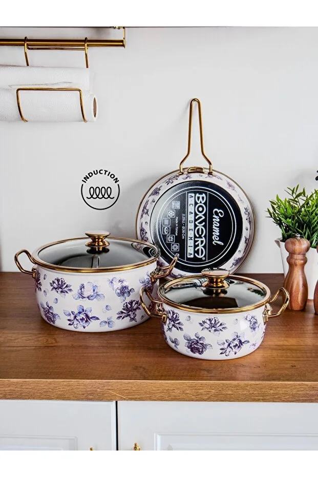 Bonera Lilium Emaye 7 Pcs Mavi Gül Desenli Güveç Set Krem