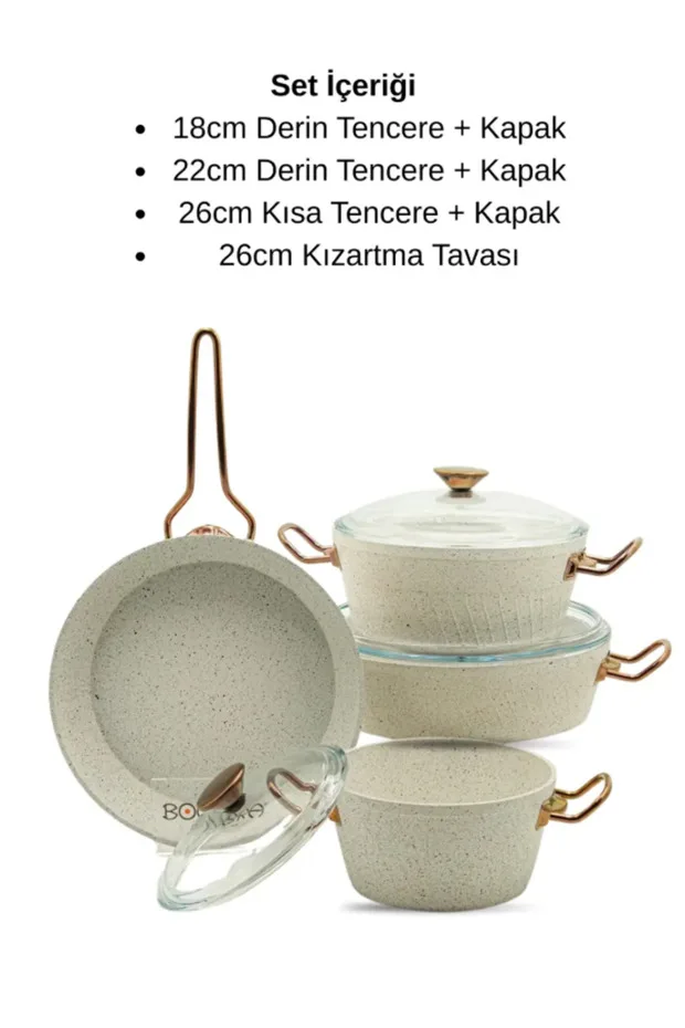 Bonera Milena 7 Parça Kar Beyazı Granit - Rose Gold Kulp Detaylı Tencere & Tava Seti