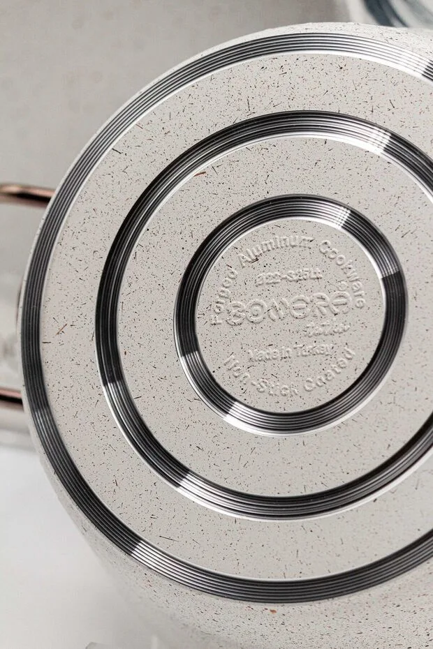 Bonera Milena 7 Parça Kar Beyazı Granit - Rose Gold Kulp Detaylı Tencere & Tava Seti