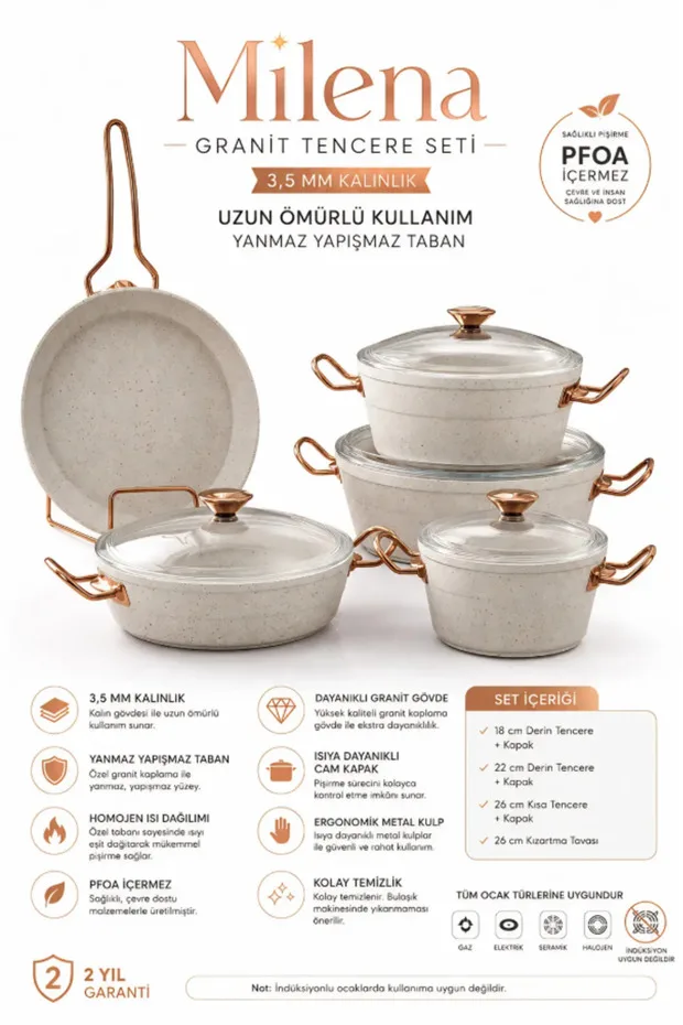 Bonera Milena 7 Parça Kar Beyazı Granit - Rose Gold Kulp Detaylı Tencere & Tava Seti