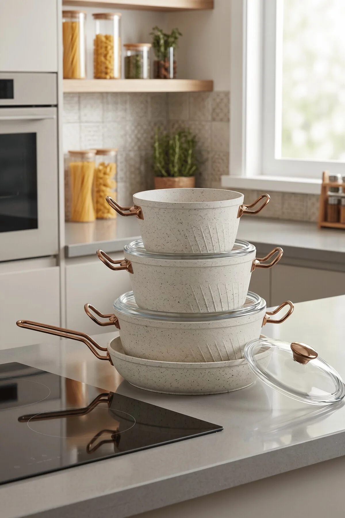 Bonera Milena 7 Parça Kar Beyazı Granit - Rose Gold Kulp Detaylı Tencere & Tava Seti