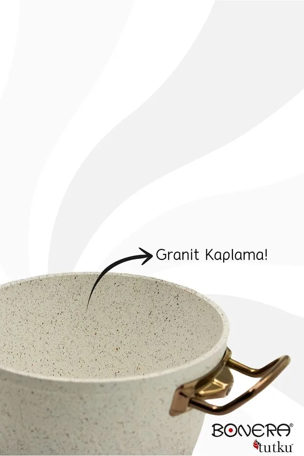 Bonera Milena 7 Parça Kar Beyazı Granit - Rose Gold Kulp Detaylı Tencere & Tava Seti