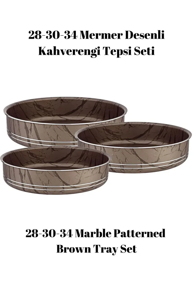 Bonera Montella 3'lü Mermer Desenli Kahverengi - Siyah Tepsi (28-30-34 Cm)