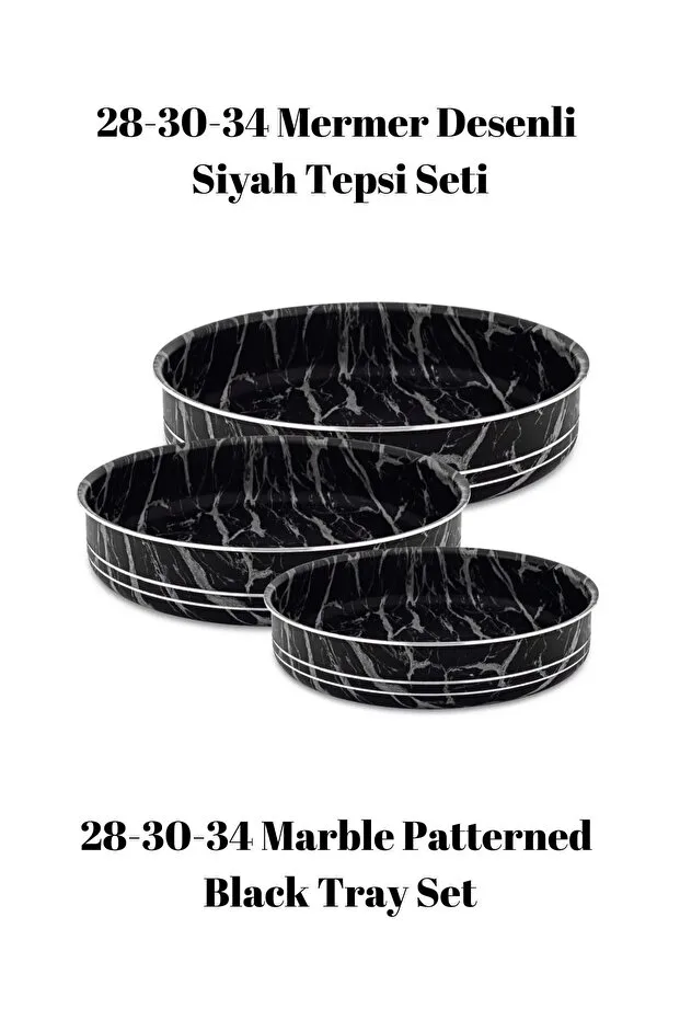 Bonera Montella 3'lü Mermer Desenli Siyah - Beyaz Tepsi (28-30-34 Cm)