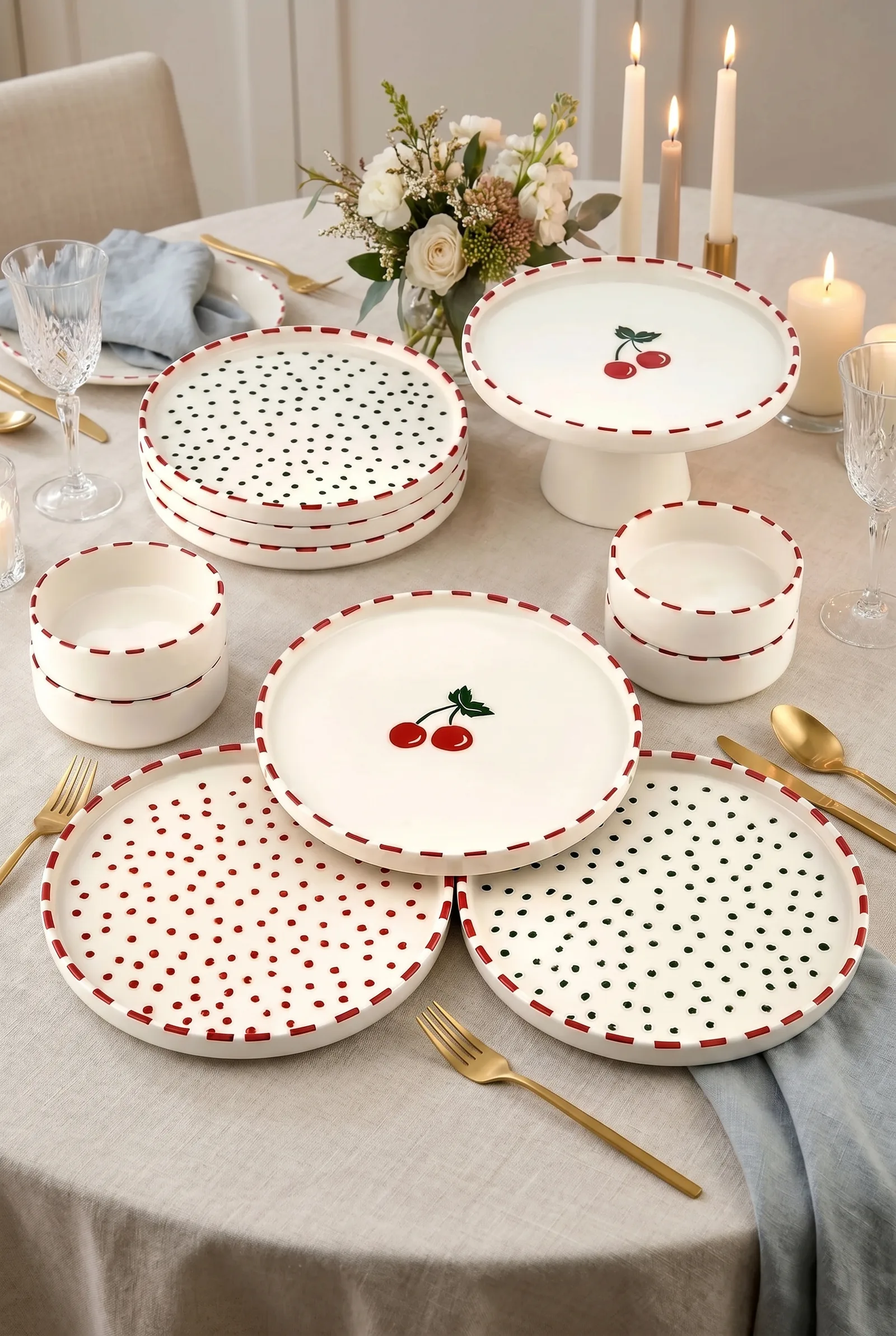 Kitchen Life 11 Parça 6 Kişilik Cherry Stackable Kahvaltı Takımı - Kirazlı Kahvaltılık Sunum Tabağı