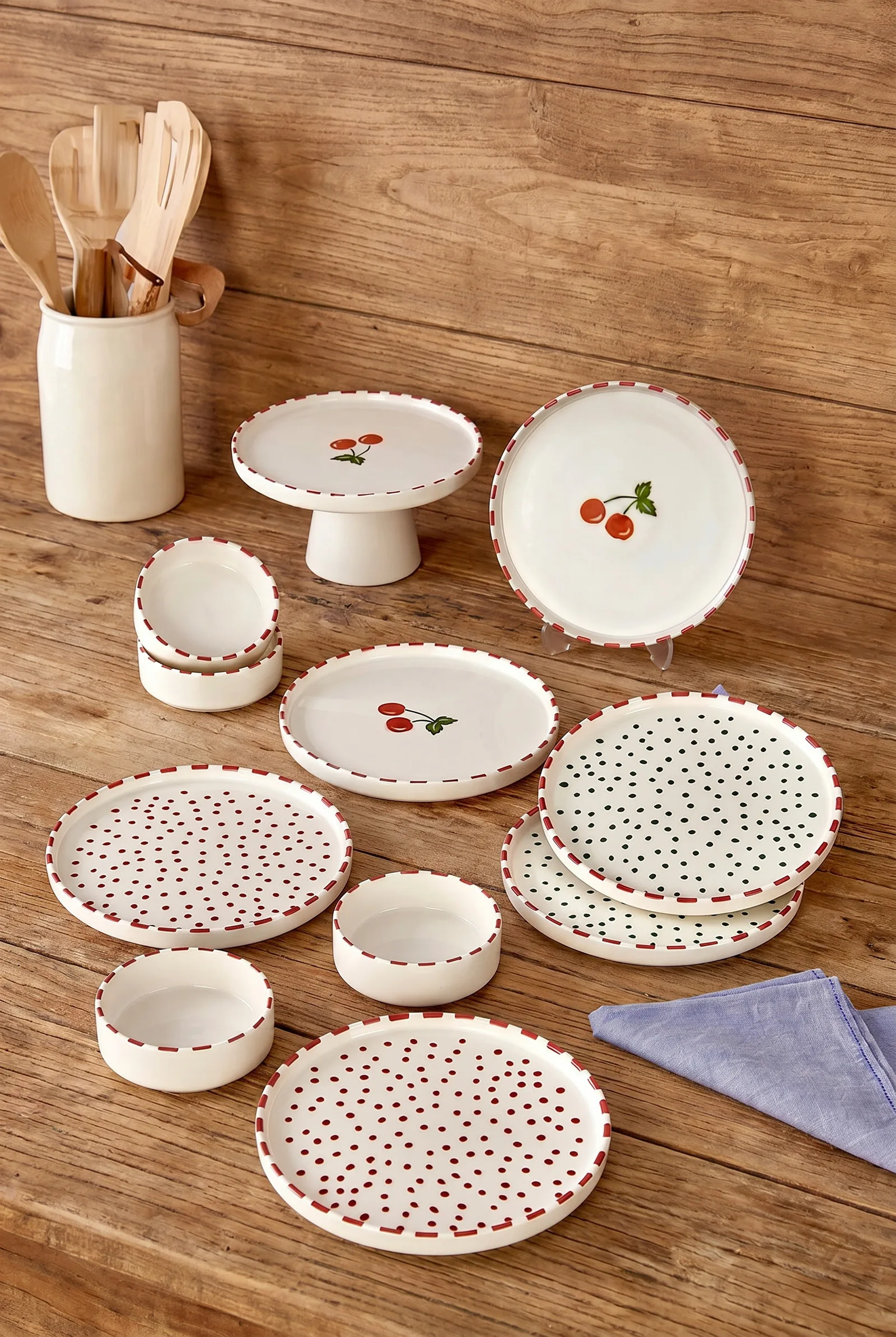 Kitchen Life 11 Parça 6 Kişilik Cherry Stackable Kahvaltı Takımı - Kirazlı Kahvaltılık Sunum Tabağı