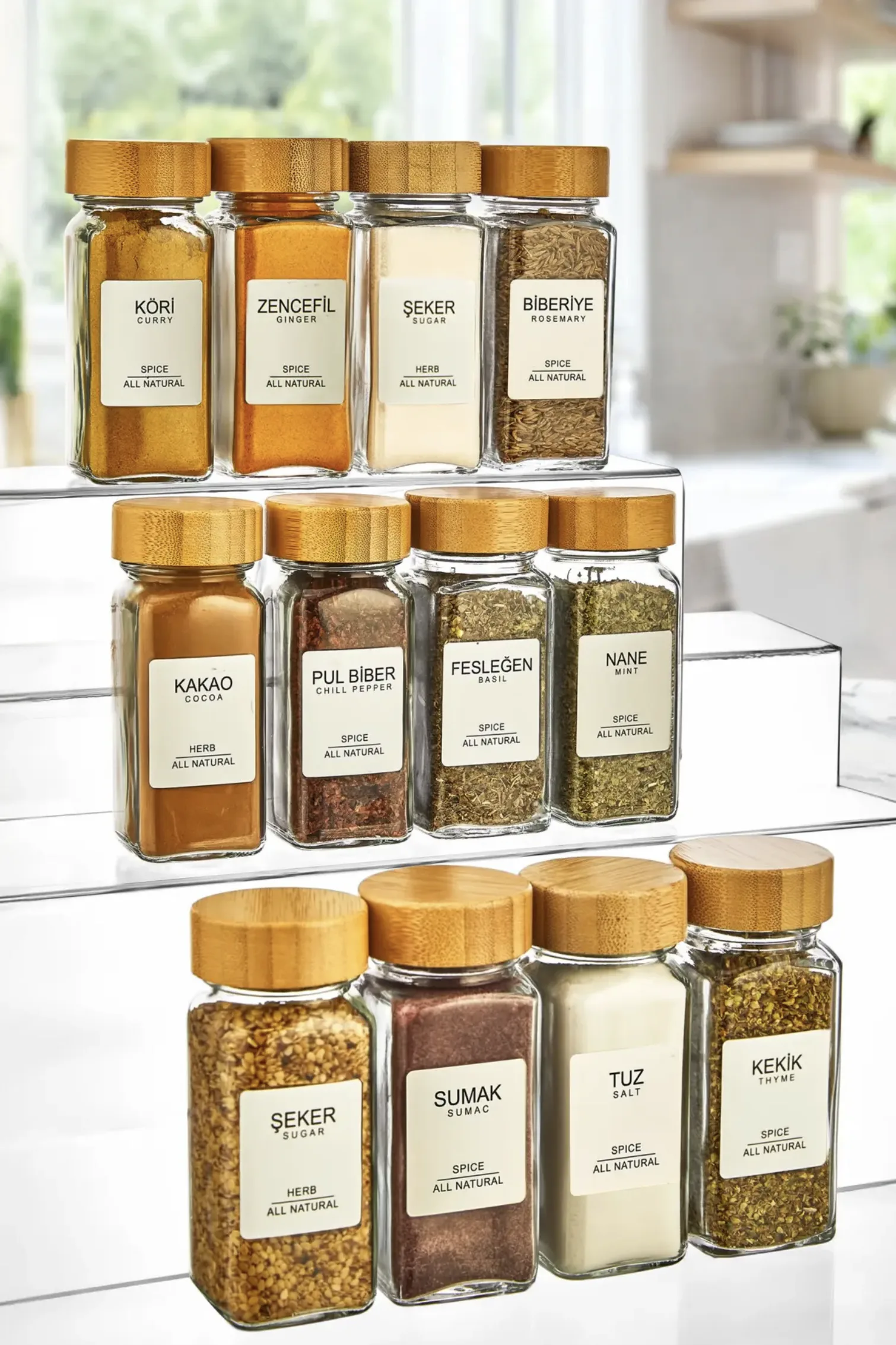 Kitchen Life 12’li Bambu Kapaklı Kare Cam Baharatlık Takımı / 40 Adet Etiket Hediyeli / 12 Li Baharatlık Seti