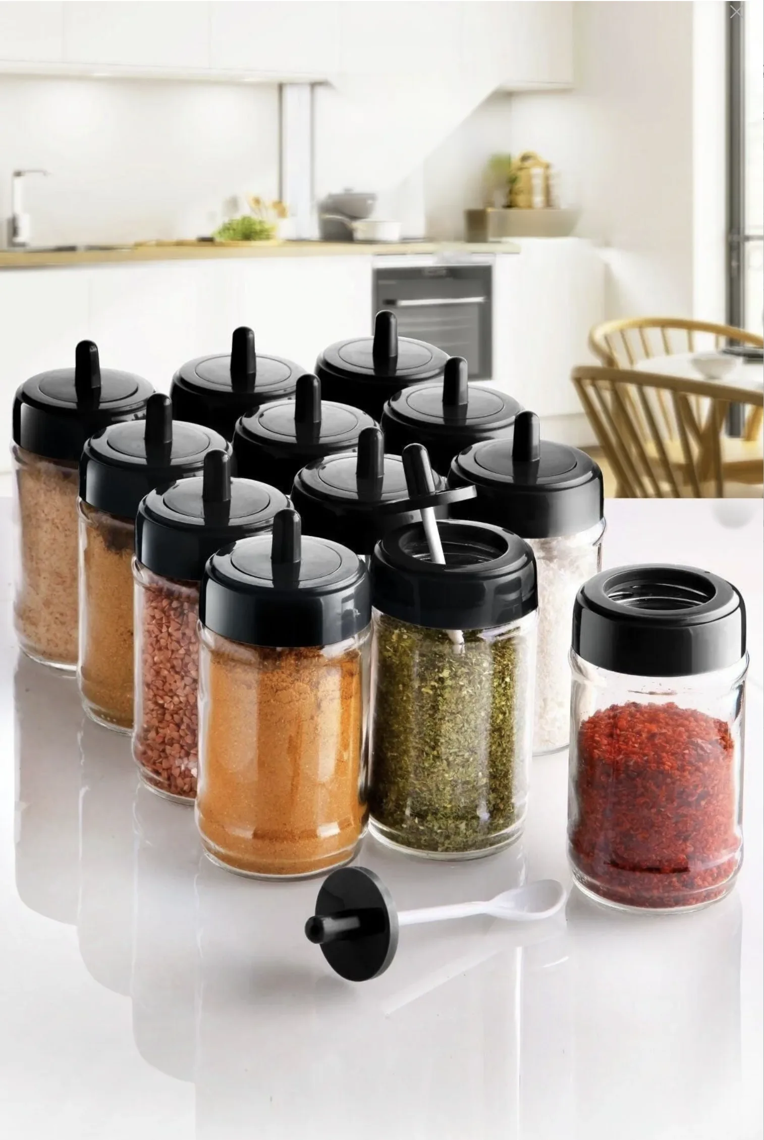 Kitchen Life 12'li Kapağı Kendinden Kaşıklı Ve Etiketli Baharatlık Seti 300 Ml Cam Baharat Takımı