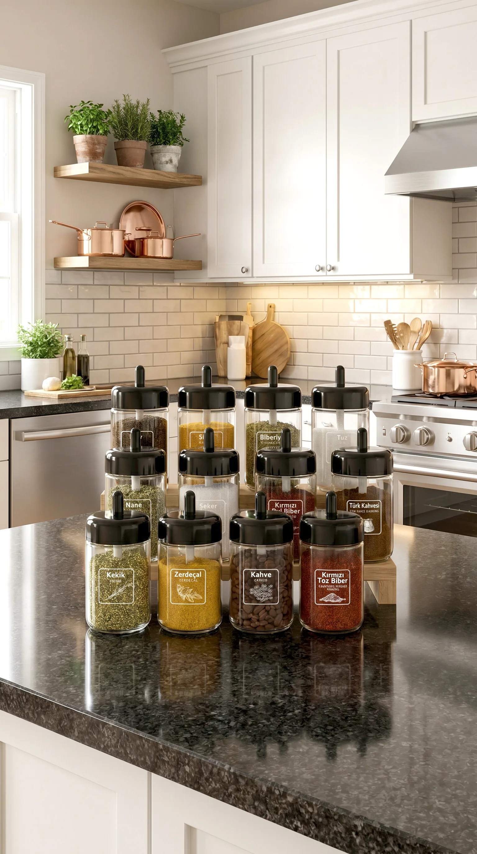 Kitchen Life 12'li Kapağı Kendinden Kaşıklı Ve Etiketli Baharatlık Seti 300 Ml Cam Baharat Takımı