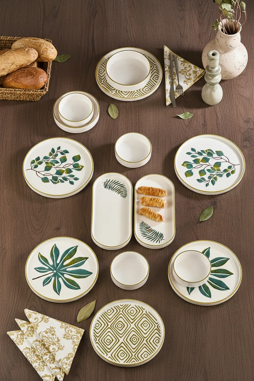 Kitchen Life 14 Parça 6 Kişilik Stackable Güz Yaprak Kahvaltı Takımı - Lüx Kahvaltılık Sunum Seti Tabağı