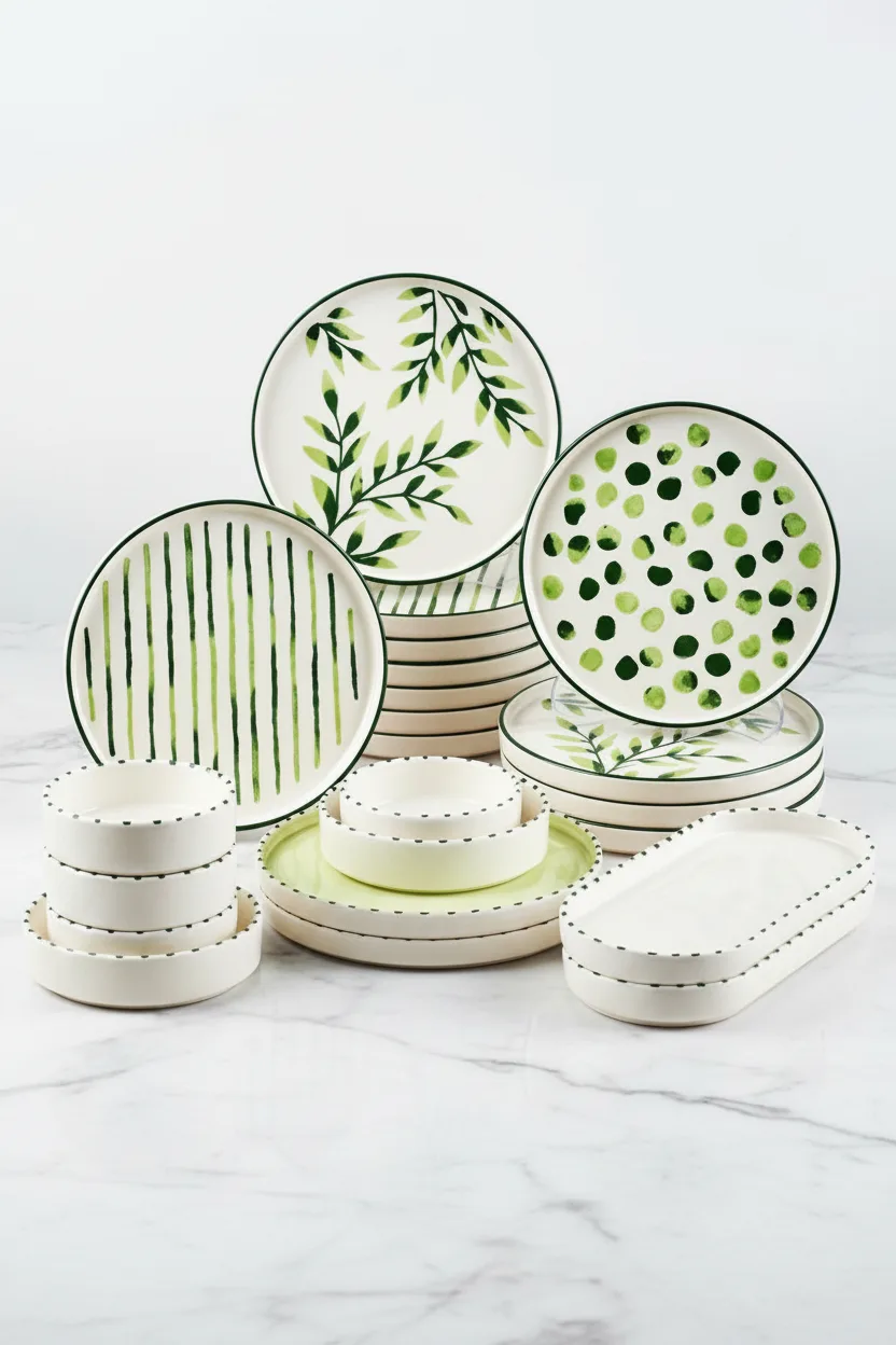 Kitchen Life 22 Parça 12 Kişilik Greentree Stackable Kahvaltı Takımı - Lüx Kahvaltılık Sunum Seti Tabağı