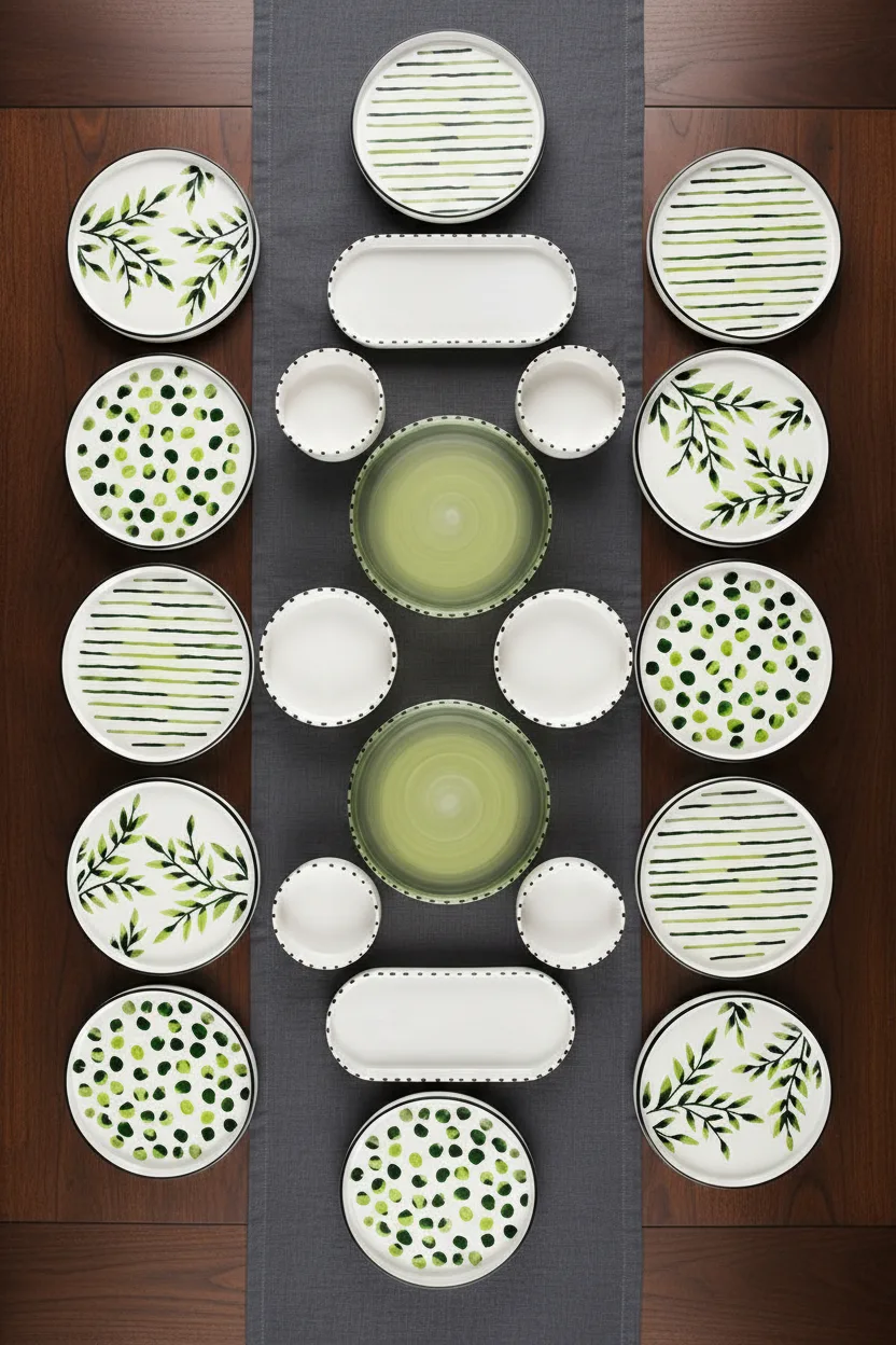 Kitchen Life 22 Parça 12 Kişilik Greentree Stackable Kahvaltı Takımı - Lüx Kahvaltılık Sunum Seti Tabağı