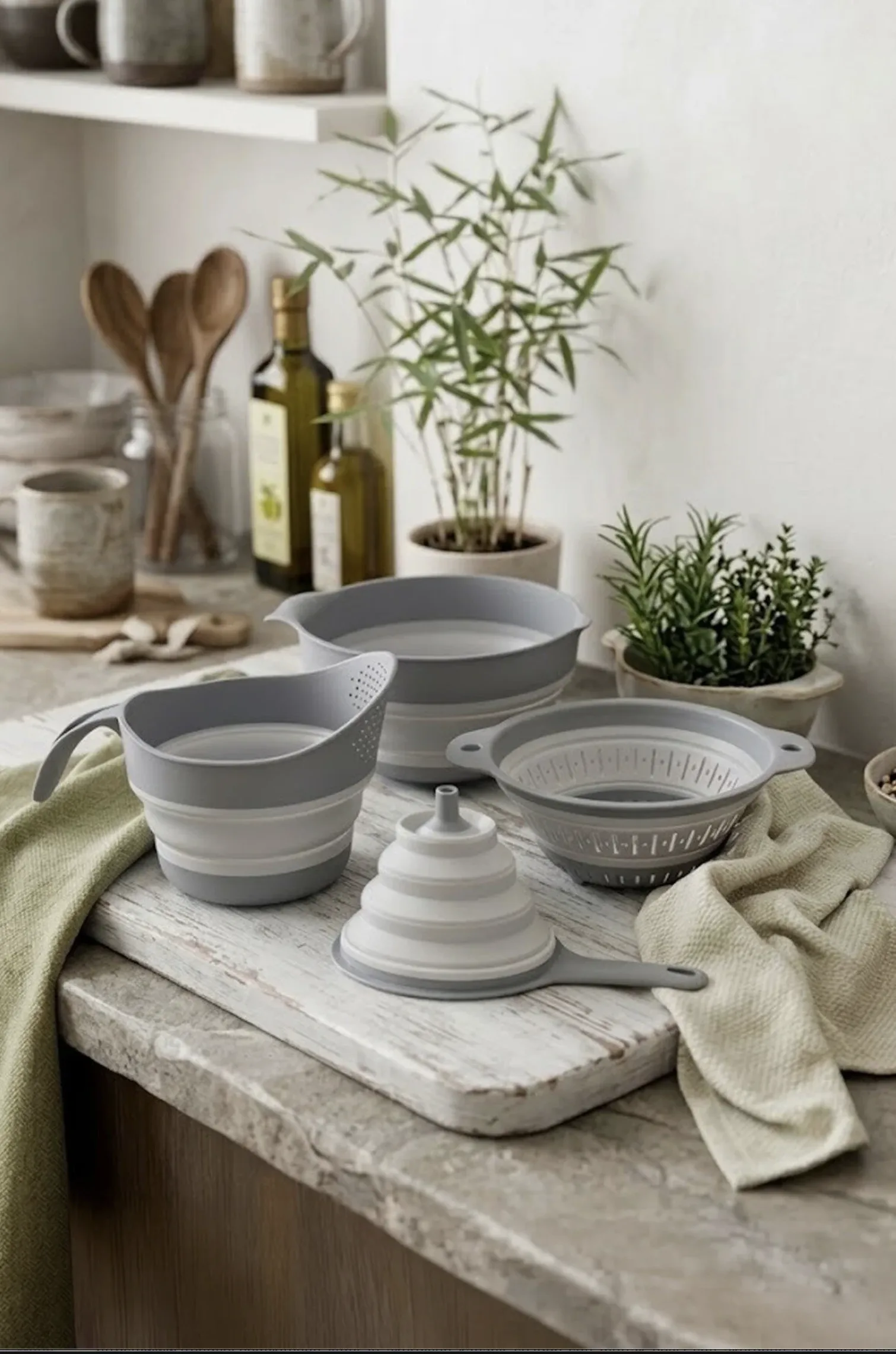 Kitchen Life 4'lü Akordiyon Katlanır Süzgeç Seti - Mutfak Çeyiz Seti (akordeon Saplı Pirinç Süzgeci Huni Gri)