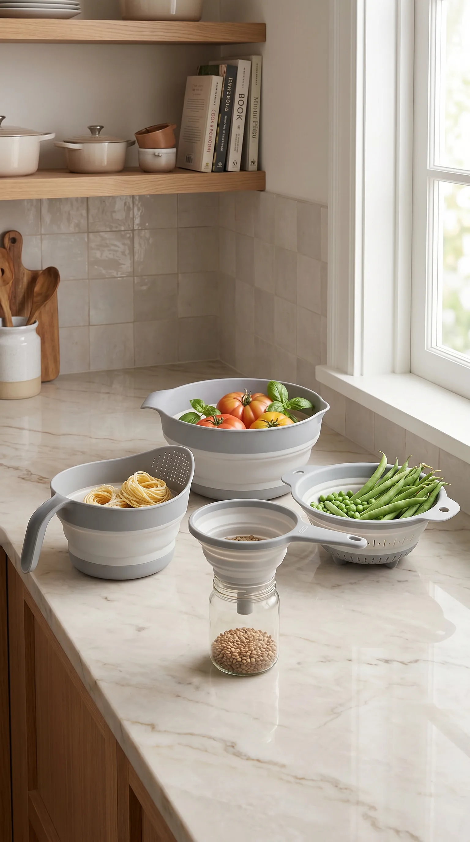 Kitchen Life 4'lü Akordiyon Katlanır Süzgeç Seti - Mutfak Çeyiz Seti (akordeon Saplı Pirinç Süzgeci Huni Gri)
