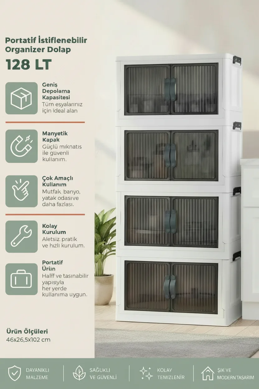Kitchen Life 4'lü Portatif Istiflenebilir Organizer Mıknatıslı Kapaklı Dolap - Sert Plastik Mutfak Banyo Dolabı