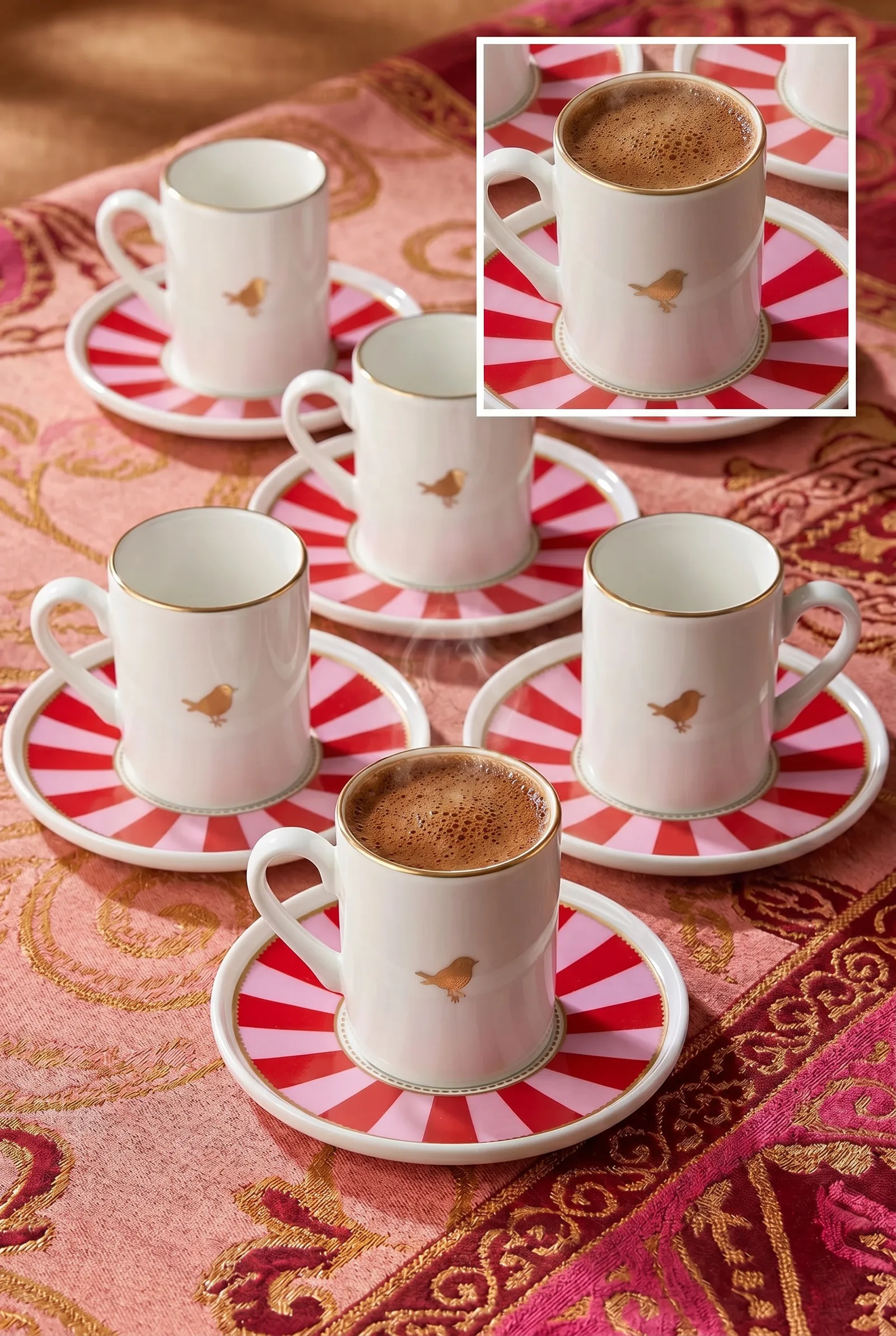 Kitchen Life 6 Kişilik Lovely Birds Porselen Altın Yaldızlı Kahve Fincanı Takımı - Gold Kuşlu Kahve Fincanı