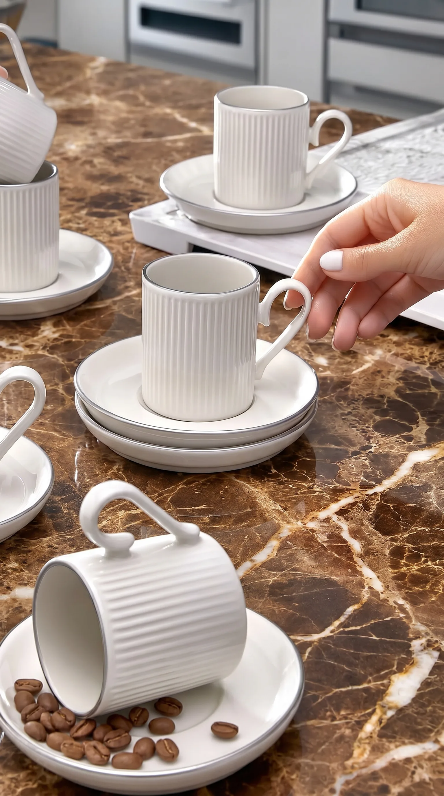 Kitchen Life Özel Tasarım Gümüş 12 Parça 6 Kişilik Çizgili Kahve Fincan Takımı 100 Ml - Kahve Fincan Seti