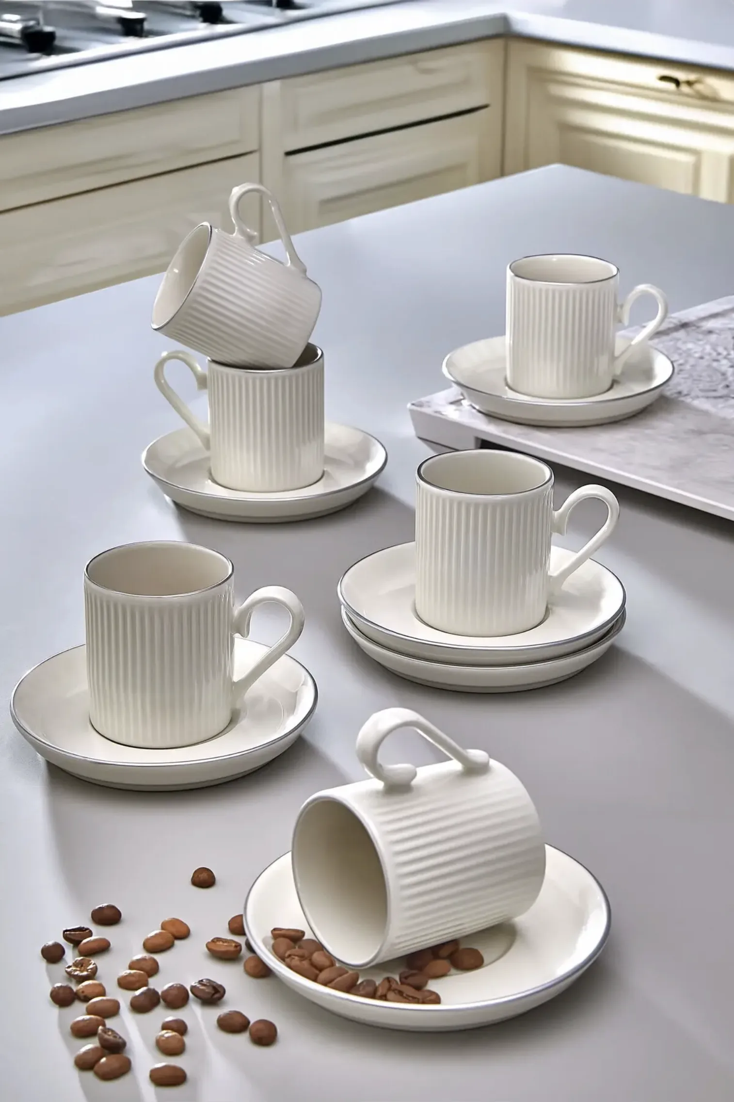 Kitchen Life Özel Tasarım Gümüş 12 Parça 6 Kişilik Çizgili Kahve Fincan Takımı 100 Ml - Kahve Fincan Seti
