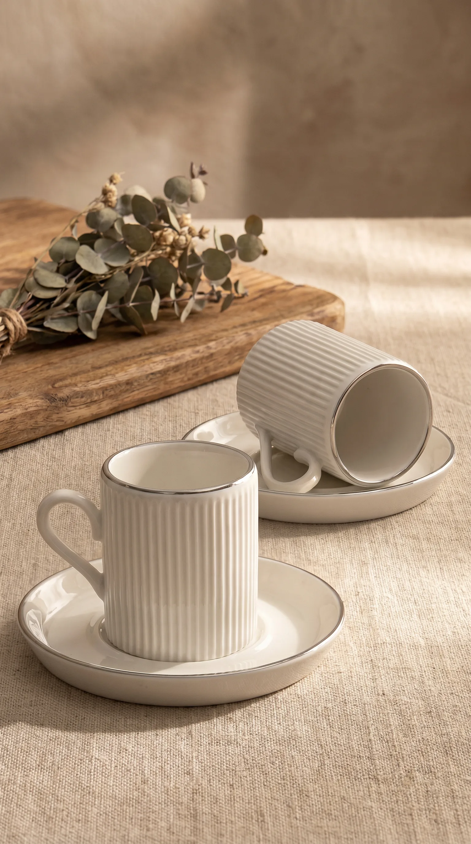 Kitchen Life Özel Tasarım Gümüş 12 Parça 6 Kişilik Çizgili Kahve Fincan Takımı 100 Ml - Kahve Fincan Seti