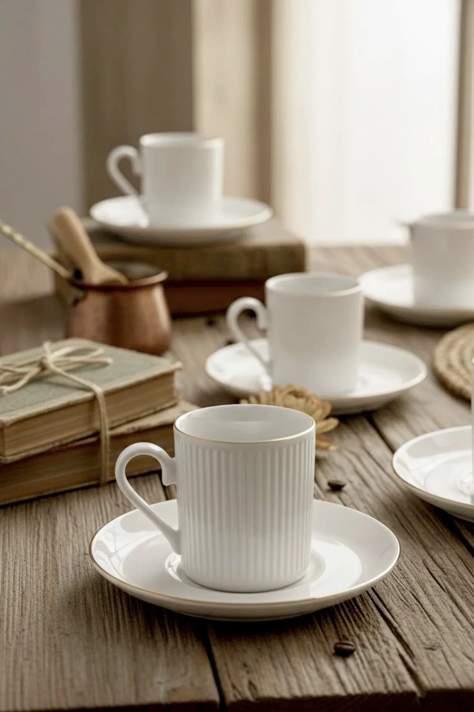 Kitchen Life Özel Tasarım Porselen Altın 12 Parça 6 Kişilik Çizgili Kahve Fincan Takımı 100 Ml - Kahve Fincanı