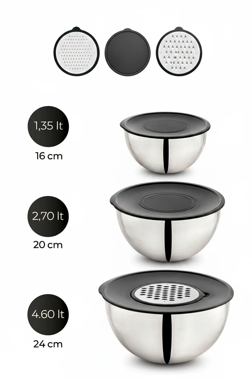 Kitchen Life Paslanmaz Çelik Profesyonelia 9 Parça Rendeli Karıştırma Kabı Ve Saklama Kabı Takımı Kase