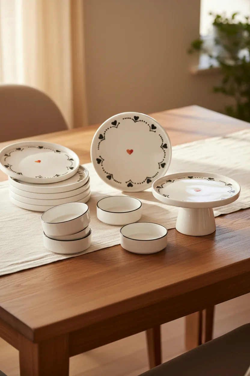 Kitchen Life Premium 11 Parça Black Hearts Ayaklı Sunum Standlı Kahvaltı Takımı - Handmade Kalpli Kahvaltı Takımı
