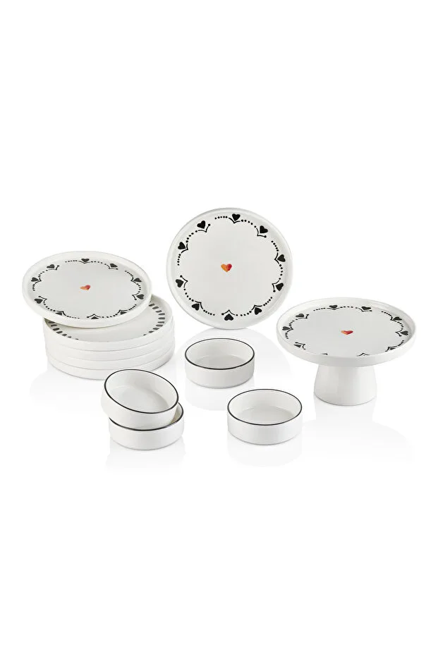 Kitchen Life Premium 11 Parça Black Hearts Ayaklı Sunum Standlı Kahvaltı Takımı - Handmade Kalpli Kahvaltı Takımı
