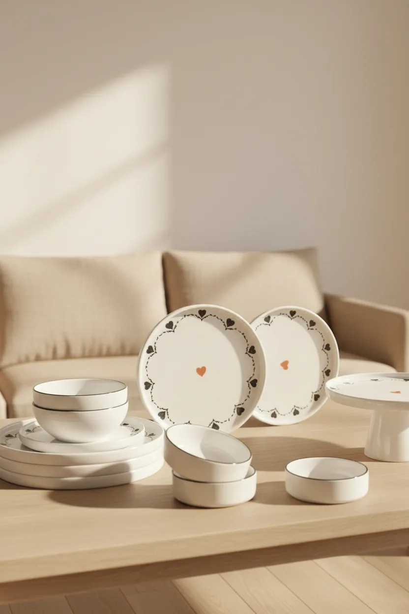 Kitchen Life Premium 11 Parça Black Hearts Ayaklı Sunum Standlı Kahvaltı Takımı - Handmade Kalpli Kahvaltı Takımı