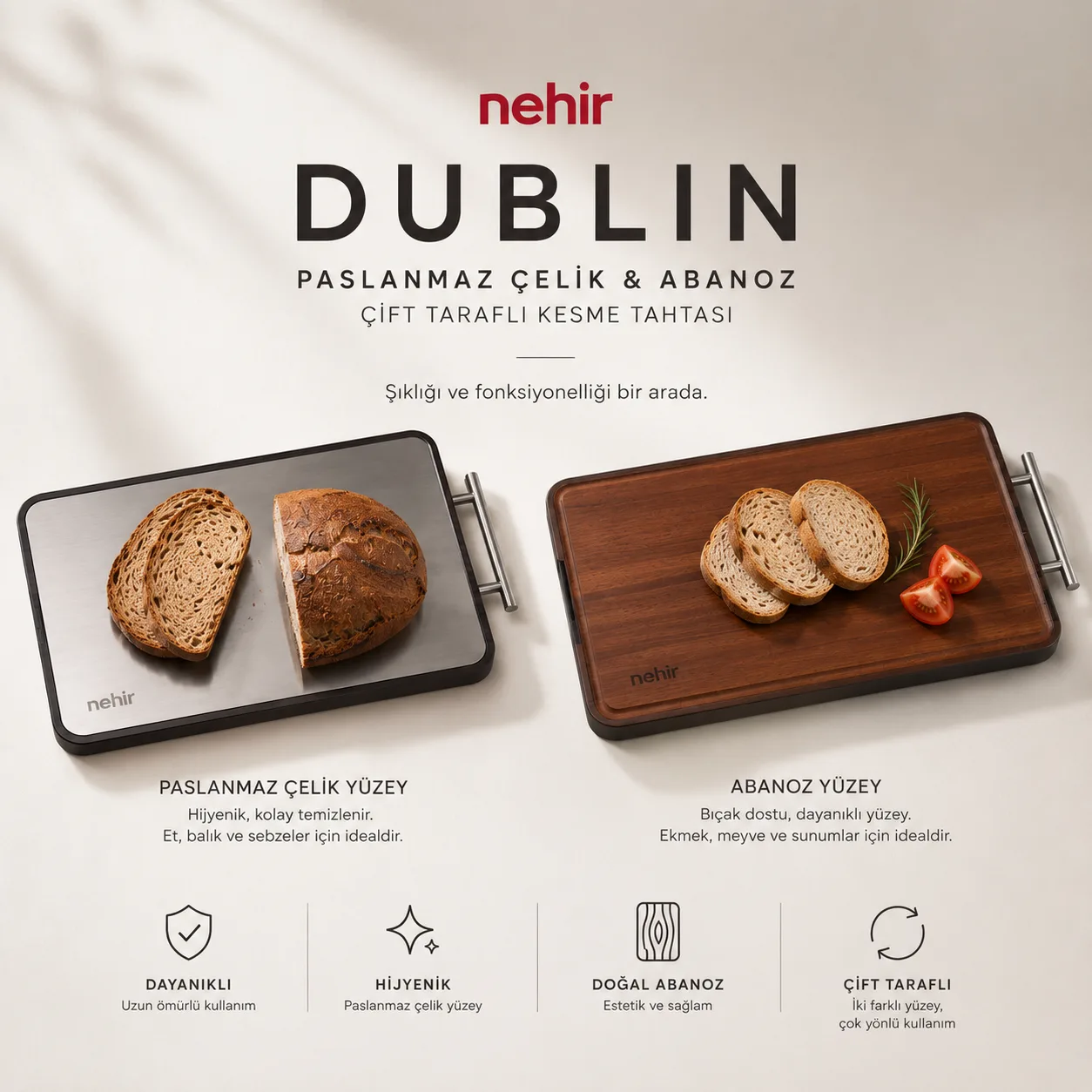 Nehir Dublin Paslanmaz Çelik Ve Abanoz Çift Taraflı Kesme Tahtası