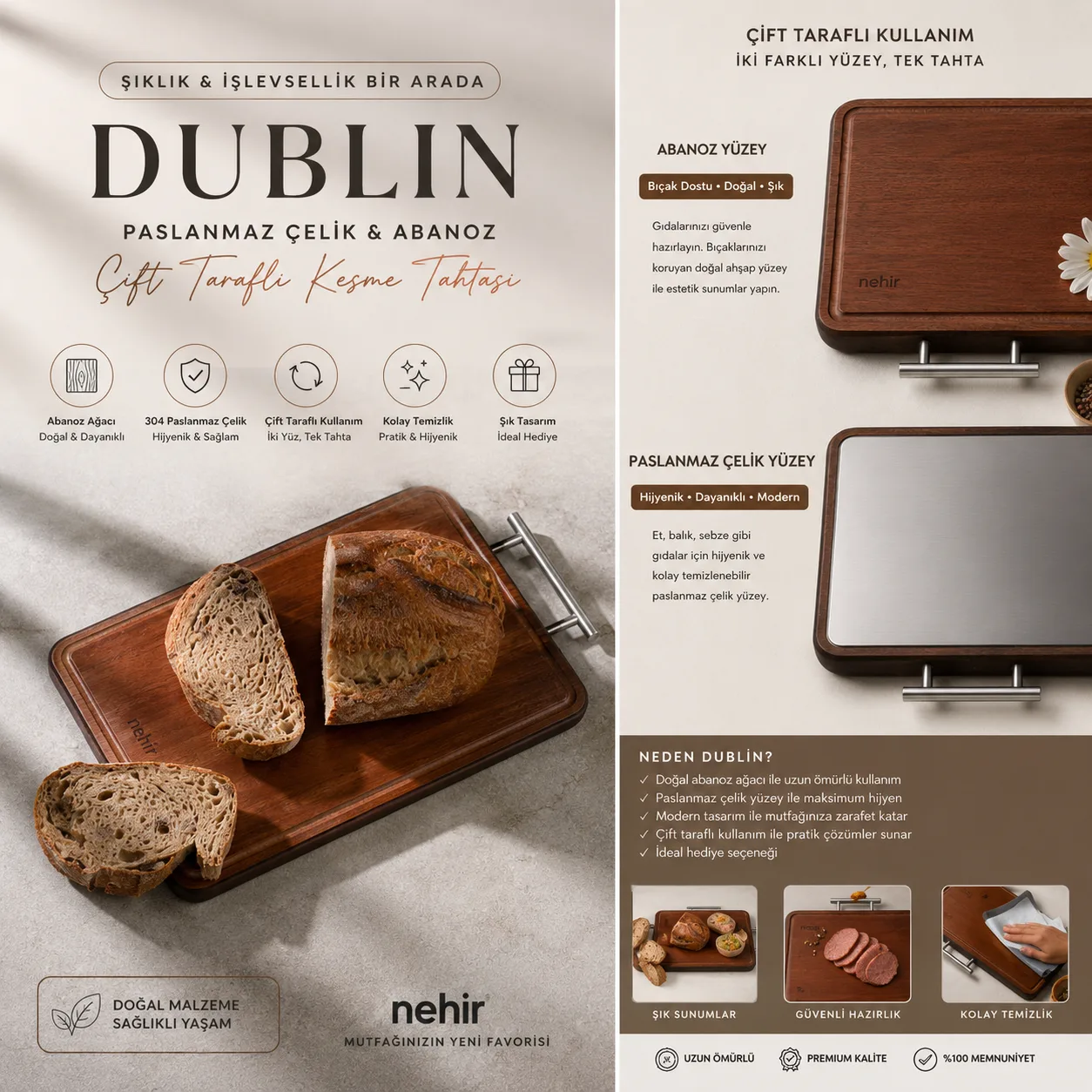 Nehir Dublin Paslanmaz Çelik Ve Abanoz Çift Taraflı Kesme Tahtası